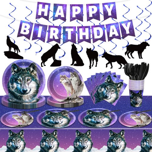 121pcs Wolf Party Supplies Set Includes Plates Napkins Cups Tablecloth Swirls Banner Tableware Kit Dispose Animal Wolf Party Decorations Favors, Serve 16