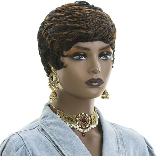 Short Wigs for Black Womens Curly Pixie Cut Wigs Short Hair Replacement Layered Pixie Wig With Bangs Wavy Synthetic Short Black Mixed Brown Pixie Wig(Black Mixed brown)