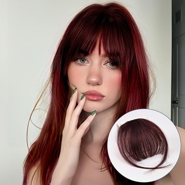 HAIRCUBE Bangs Hair Clip in bangs 100% Human Hair Extensions Reddish Brown Wispy Bangs Clip on Bangs for Women Fringe with Temples Hairpieces Curved Bangs for Daily Wear