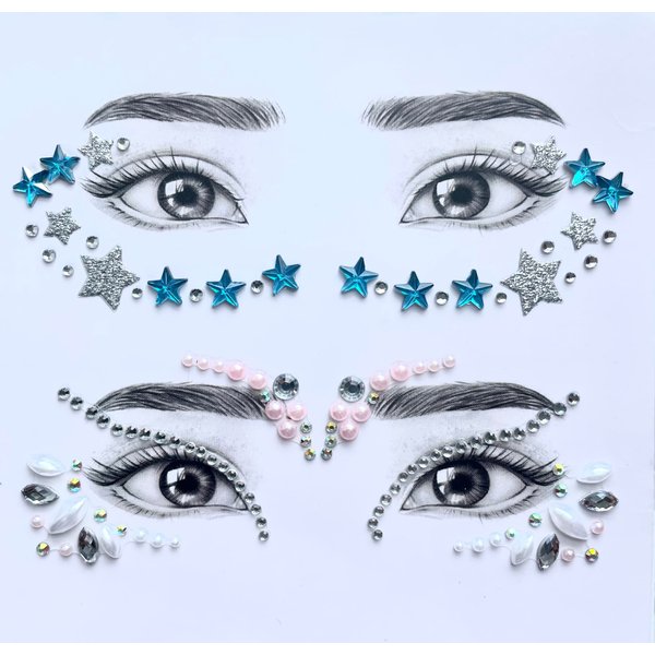 Rebel Tattoos Self-Adhesive Eye Pearls and Face Gems Jewels for Rave Party Festival Makeup, Reusable Multicolor Acrylic Crystal Temporary Tattoo Stickers, Mermaid Face Jewel Eye Stones(Azure Shine)