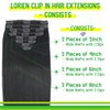 LORIEN Clip in Hair Extensions Real Human Hair, 18 Inch 100g, 1 Jet Black, Clip in 100% Brazilian Remy Human Hair Extensions 8pcs Per Set with 18 Clips Double Weft