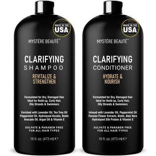 MYSTÉRE BEAUTÉ Clarifying Shampoo and Conditioner Set- Hydrating, Calming & Removes Buildup, For All Hair Types, Clarifying Cleanse for Dirt, Oil & Hard Water Buildup, for Men Women - 16 fl oz each