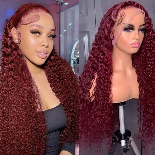 Burgundy Lace Front Wig Human Hair 99J 13x6 Deep Wave Lace Front Wigs Human Hair Pre Plucked 180 Density Red Colored Curly Glueless Human Hair Wig for Women with Baby Hair (26 inch)