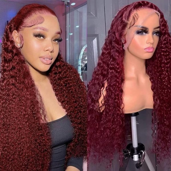 Burgundy Lace Front Wig Human Hair 99J 13x6 Deep Wave Lace Front Wigs Human Hair Pre Plucked 180 Density Red Colored Curly Glueless Human Hair Wig for Women with Baby Hair (26 inch)