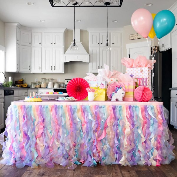 Tutu Table Skirt - Tulle Table Skirt Decoration - Mesh Fluffy Tulle Tablecloth for Birthday Party, Baby Shower, Gender Reveal, Wedding Shower, Valentine’s Day, Prom (Rainbow, 6ft)