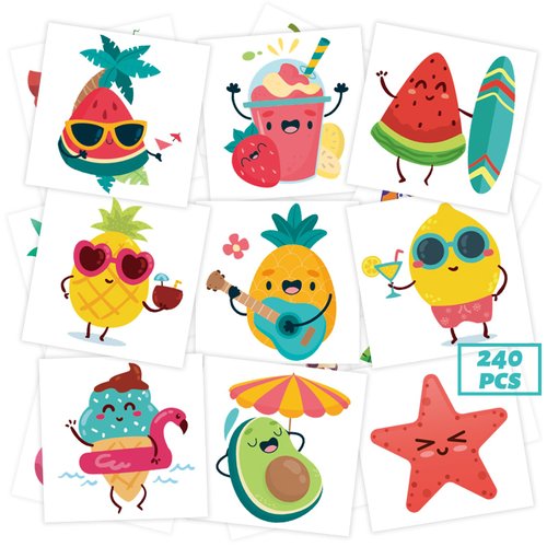 240 Pcs Summer Fruit Temporary Tattoos for Kids, Safety Waterproof Bulk Tattoos Stickers, Hawaiian Themed Tattoos Toys, Best Choice for Summer Party and Goody Bag Stuffers, 60 Different Designs