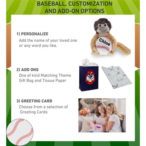 DolliBu Squirrel Monkey Stuffed Animal with Baseball Plush - Soft Plush Huggable Squirrel Monkey, Adorable Playtime Plush Toy, Cute Wildlife GIF for Kids, Adults - 12.5 Inch