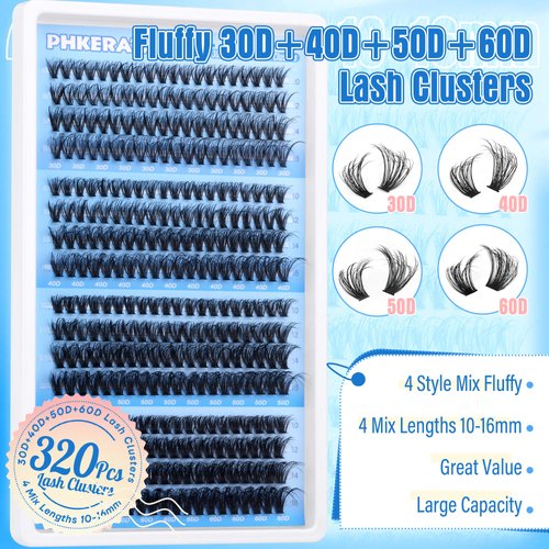 PHKERATA Fluffy Lash Clusters Wispy Eyelash Clusters 30D+40D+50D+60D Lashes Clusters 320pcs 4 Style Mix Natural Cluster Eyelash Extension DIY Individual Lashes D Curl False Eyelashes, 10-16mm