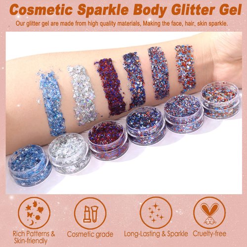 Boko 6pcs Body Glitter Gel, 60ML Total Red White Blue Chunky Glitter for Face Hair Body Pride Makeup, Patriotic Glitter for Flag Presidents' Day Independence Veterans Day Christmas Rave Accessories