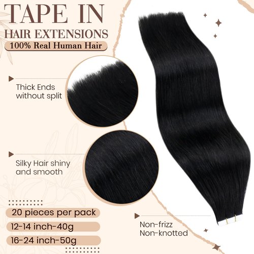 Hetto Tape in Hair Extensions Human Hair #1 Jet Black Tape in Hair Extensions Invisible 22 Inch Real Human Hair Tape in Extensions Seamless Double Sided 50g 20pcs
