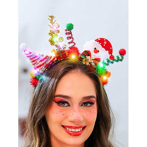 Woeoe Led Christmas Headband Santa hat Hair Hoop Bells Cute Christmas Costume Snowman Headpieces Light Up Headpiece