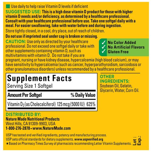 Extra Strength Vitamin D3 5000 IU (125 mcg), 180 Softgels Value Size, High Potency Vitamin D Helps Support Immune Health, Strong Bones and Teeth, & Muscle Function