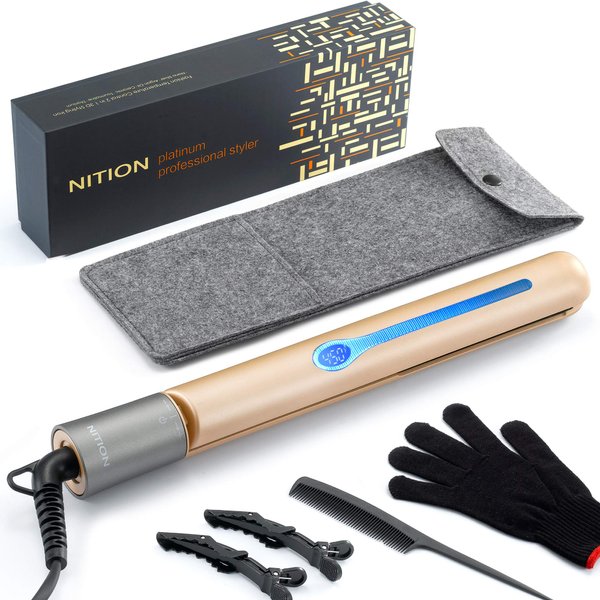 NITION Ceramic Tourmaline Hair Straighteners LCD Flat Iron MCH Fast Heating Up. Healthy Home Straightening Styling Tools with Travel Pouch Bag. 265-450°F Adjustable. 1" Smooth 3D Plate. Dual Voltage