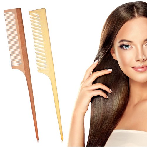 2 Pieces Fine Tooth Comb with Long Handle - No Static, Natural Handmade Wooden Comb for Curly Hair Styling