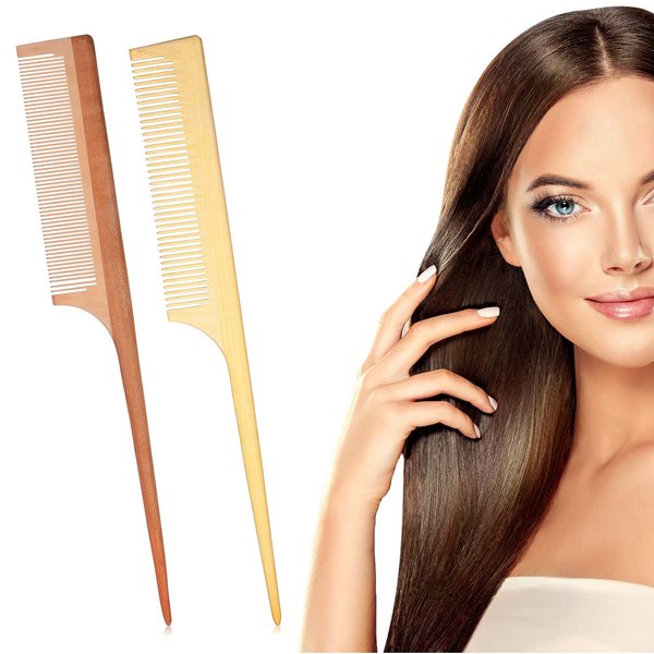2 Pieces Fine Tooth Comb with Long Handle - No Static, Natural Handmade Wooden Comb for Curly Hair Styling