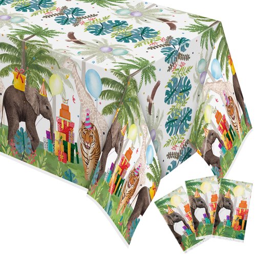 AwserTantue 3 Pack Safari Jungle Animal Tablecloths, Tiger Elephant Wild Animal Plastic Disposable Rectangle Table Cover for Kids Baby Shower Birthday Party Dinner Table Supplies, 108×54 inches