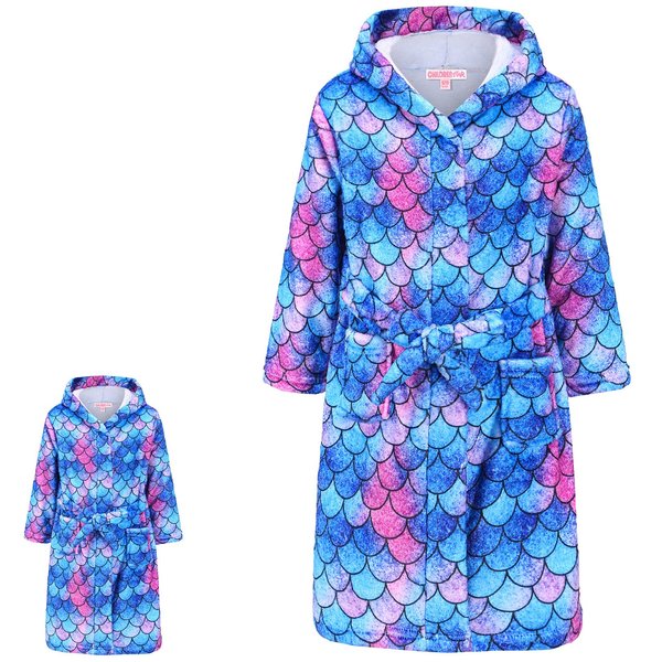CHILDRENSTAR Mermaid Bathrobes Matching Doll & Girls Kids Hoodie Robe Plush Soft Fleece Pajamas, Size 8 9