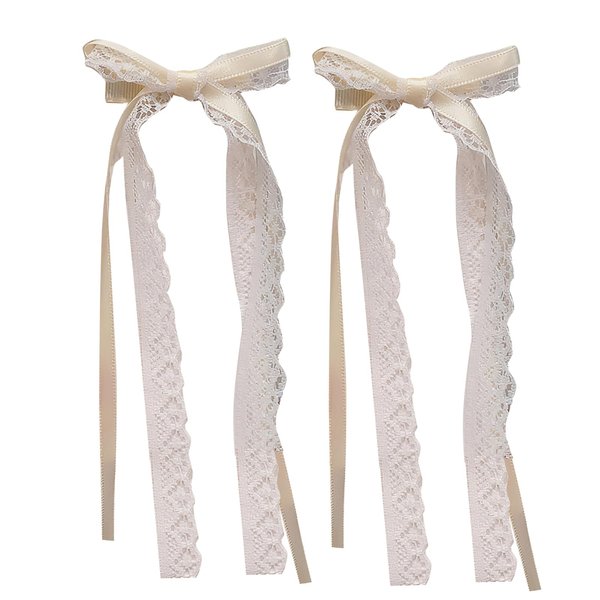 2 Pcs Lace Hair Bows Hair Clips, Cute Hair Bow Alligator Hair Barrette Hair Accessories, White Lace Bows for Hair, Bows for Hair with Long Tail
