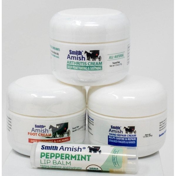SMITH AMISH Essential Travel Kit. Take Our Convenient Travel Size, Hand Repair, Arthritis & Foot Cream 1.5 oz Each, Plus Lip Balm Everywhere You go for Your Enjoyment