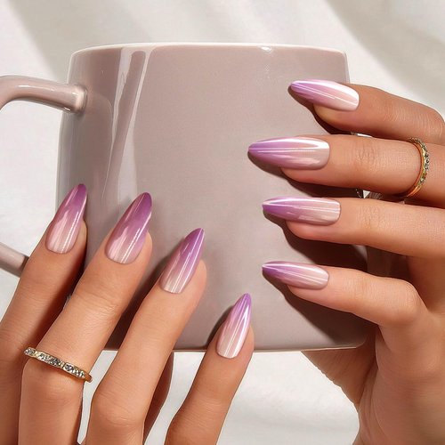 Almond Press On Nail Medium Nail Kit Colorful Gradient Artificial Fake Nail Stickers Acrylic Nails for Women Girls 24PCS