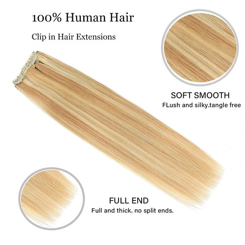 Clip in Hair Extensions Real Human Hair for Women Thick Remy Human Hair Extensions Brazilian Straight Human Hair Clip ins Mixed Balayage Ash Blonde to Bleach Blonde Color 7pcs 20Inch 120g/set