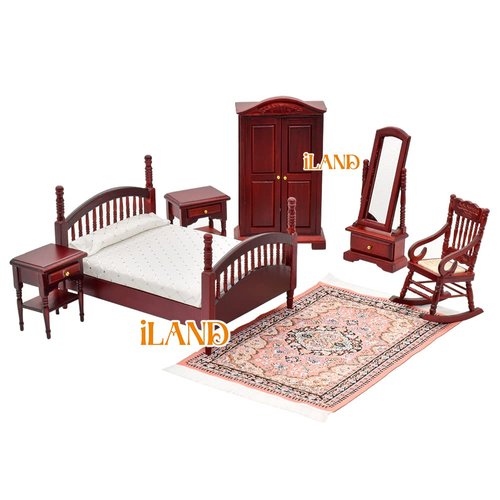 iLAND Vintage Dollhouse Furniture 1/12 Scale, Dollhouse Bedroom Furniture in Mahogany Color incl Dollhouse Bed & Mirror Full Length & Wardrobe & Bedside Table & Rocking Chair (Brewster 7pcs)