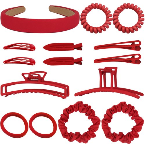 15pcs Hair accessories set Hair Claws Scrunchy Alligator Snap Clips Ties Bangs Headband Hoop Jaw Big Middle Small Mini Size Light Weight Matte Rubber Surface NoSlip Strong Hold RED