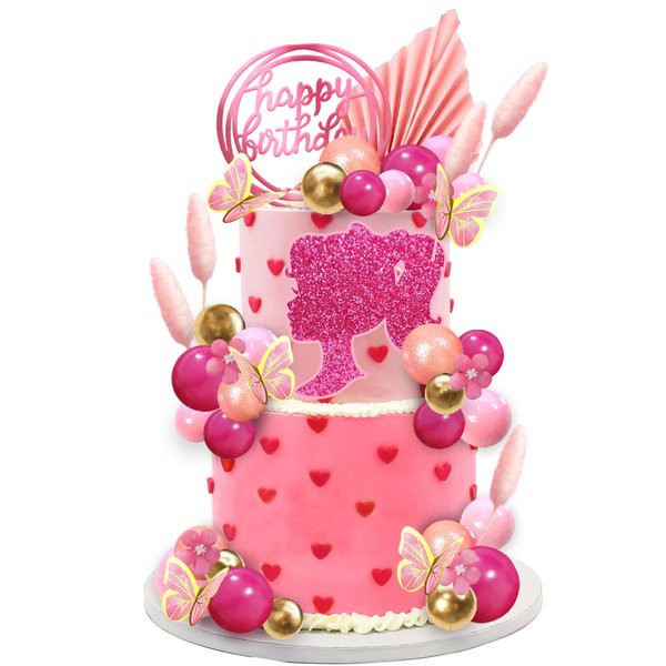 Hot Pink Girl Cake Toppers with Pink and Gold Butterfly Balls Cake Topper for Wedding Baby Shower Anniversary Girl Birthday Themed Party Supplies (Style 1)