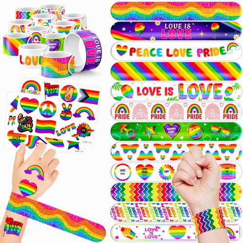 48 LGBT 24PCS LGBT Temporary Tattoos Sticker 24PCS Slap Bracelets Perfect for Themed Birthday Par...