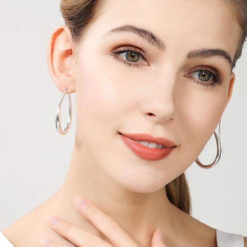 Silver Oval Hoop Earrings for Women Hypoallergenic Medium Sterling Silver Teardrop Oval Hoop Earrings