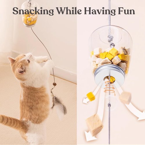 BOXTOHEART Hanging Treat Dispenser for Indoor Cats, Interactive Door Hanging Cat Toy with A Stimulating Bird Toy for Bored Cats, Mental Stimulation, Slow Feeder, Healthy Eating (Feather)