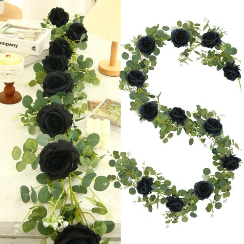 Trimgrace 6.56 Feet Artificial Eucalyptus Garland with Black Roses Faux Greenery Eucalyptus Leaves Rose Vine for Wedding Backdrop Table Runner Centerpiece DIY Wreath Decor