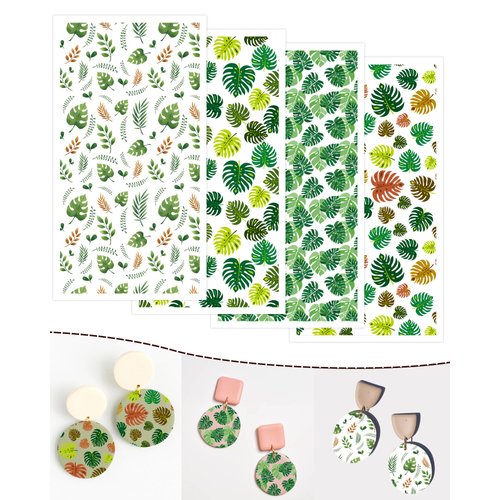 Puocaon Polymer Clay Transfer Paper - 4 Design 20 Pcs Monstera Leaves Clay Transfer Paper for Polymer Clay Earrings, Tropical Leaves Transfer Paper Polymer Clay Jewelry Earrings Making