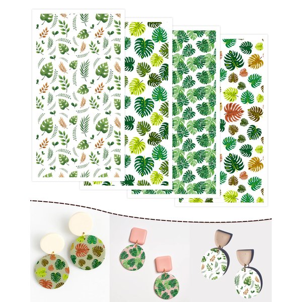 Puocaon Polymer Clay Transfer Paper - 4 Design 20 Pcs Monstera Leaves Clay Transfer Paper for Polymer Clay Earrings, Tropical Leaves Transfer Paper Polymer Clay Jewelry Earrings Making