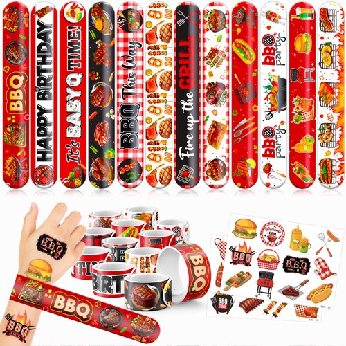 48 BBQ 24PCS BBQ Temporary Tattoos Sticker 24PCS Slap Bracelets Perfect for Themed Birthday Party Favors Baby Showers or Classroom Rewards Ideal Decor and Gifts for Girls and Boys