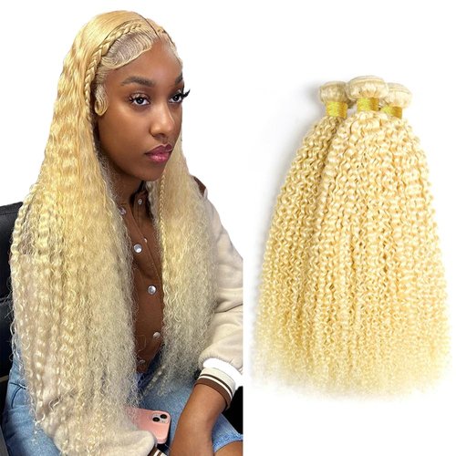 24 26 28 inch Blonde Curly Wave Bundles 613 Bundles Human Hair Kinky Curly Bundles Double Weft Blonde Human Hair Bundles Brazilian Virgin Remy Hair Extensions For Women 3 Bundles