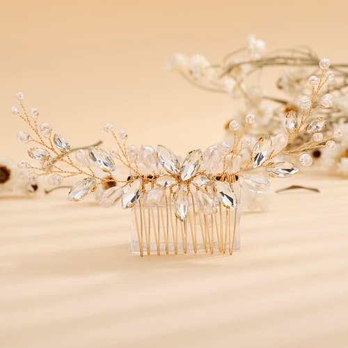Teyglen Bridal Gold Rhinestone Crystal Hair Comb Headband Handmade Wedding Hair Pieces for Bride Floral Headpieces Hair Accessories for Women Girls (Gold)