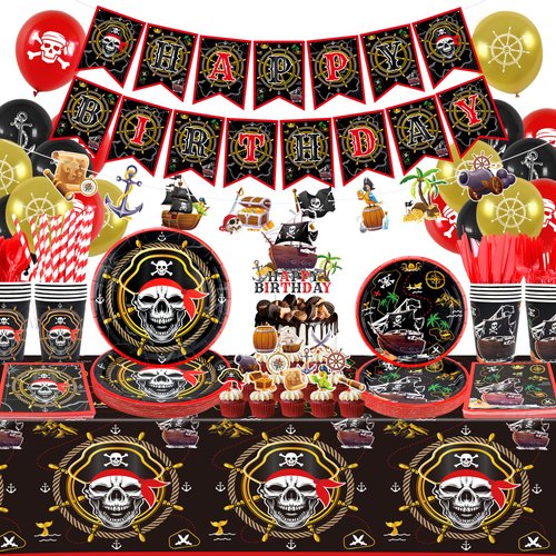 KEFAN Pirate Birthday Party Decorations, Pirate Theme Party Tableware Supplies including HAPPY BIRTHDAY Banner, Plates, Cups, Napkins, Tablecloth, Balloons for Boys Birthday Party (LQ-B)
