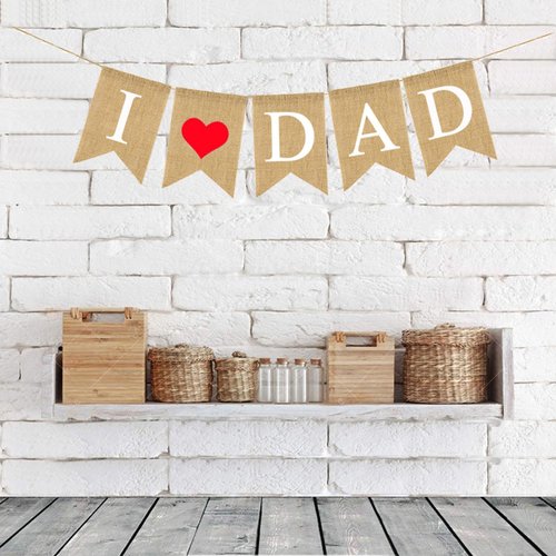 I Love Dad Banner Father's Day Decor Burlap Banner Happy Fathers Day Birthday Party Supplies Hanging Decorations Daddy's Day Gift