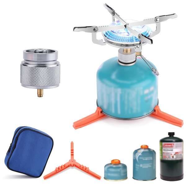 WADEO Portable Camping Stove Burner, Backpacking Stove with 1LB Propane Tank Adapter, Fuel Can Canister Stand and Carry Case, Portable Collapsible Propane Camping Burner for Outdoor Cooking