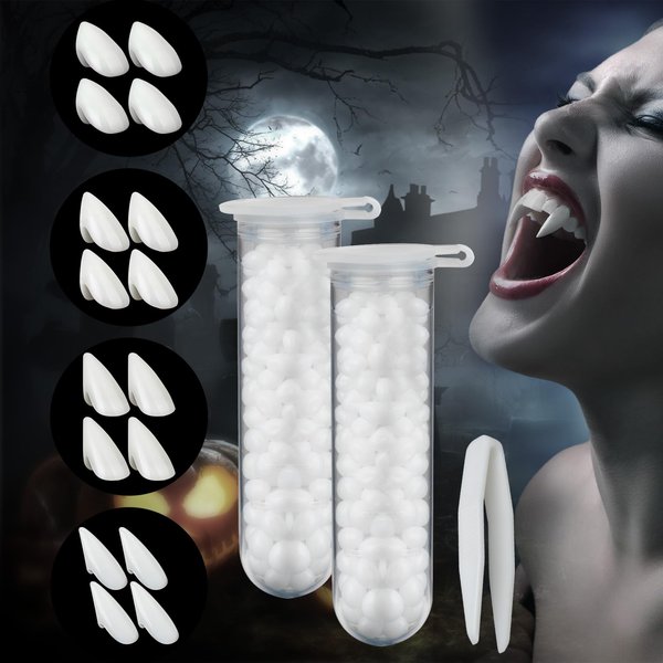Vampire Fangs 8 Pairs 4 Sizes Teeth with Adhesive and Tweezers, Vampire Fangs Fake Teeth Halloween Decorations Party Cosplay Props Werewolf Fangs Vampire Dentures Party Favors Masquerade Accessories