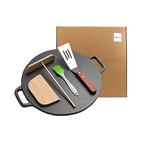 ZEESOON Circle and Flat Pre-seasoned Stove Top Grill Pan 11 inches Non-Stick Coating Iron Cast, Stake Pizza Pancake Omelet Crepe Maker griddle pan with Spreader Spatula brush
