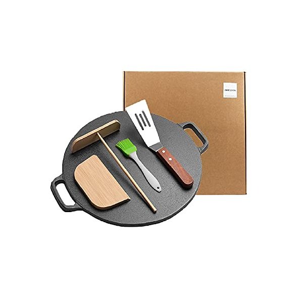 ZEESOON Circle and Flat Pre-seasoned Stove Top Grill Pan 11 inches Non-Stick Coating Iron Cast, Stake Pizza Pancake Omelet Crepe Maker griddle pan with Spreader Spatula brush