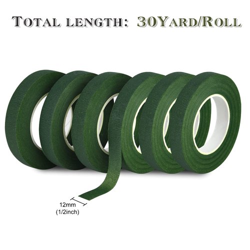 FEPITO 1/2" Wide Dark Green Floral Tapes Florist Tape for Bouquet Stem Wrapping and Floral Crafts,Wedding Bouquet(6 Rolls)