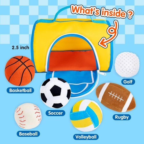 teytoy My First Sports Bag for Baby,Stuffed Plush Playset with Soft Basketball,Baseball,Football,Soccer,Golf Ball,Rugby,Volleyball Baby Birthday Gift Toys for 1 Year Old Boys Girls