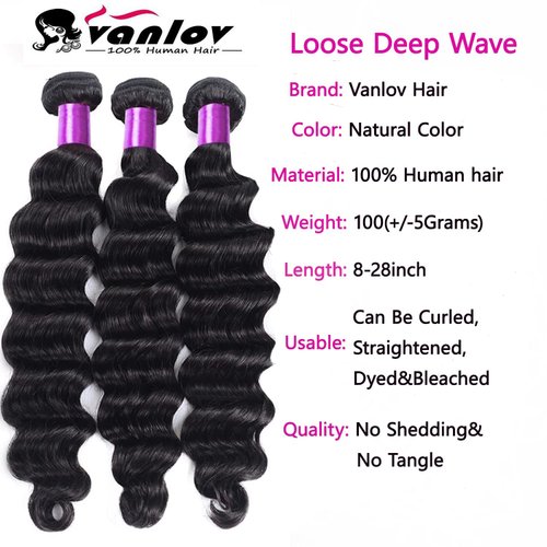 Brazilian Virgin Human Hair Loose Deep Wave Bundles 100% Unprocessed Virgin Hair Remy 14 16 18 Loose Deep Curly Weave 3 Bundles 150% Density Human Hair Extensions Natural Color for Black Women