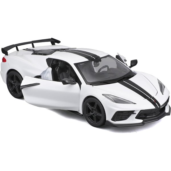 2020 Chevy Corvette Stingray Coupe White with Black Stripes Special Edition Series 1/24 Diecast Model Car 31534w