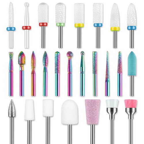 26pcs Nail Drill Bits Set, 3/32inch Professional Ceramic Safety Bits for Nail Drill, Diamond Cuticle Efile Nail Drill Bits, Remover Bits for Acrylic Gel Nail Tech Manicure Pedicure, Home Salon