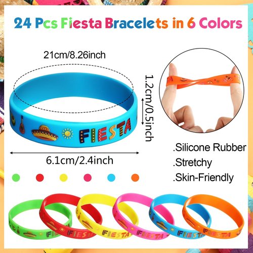 Xinnun 24 Pcs Mexican Fiesta Rubber Bracelets Fiesta Party Silicone Wristbands Mexican Party Favors with Taco Cactus Pinata Pattern for Let's Fiesta Cinco De Mayo Party(Fiesta)