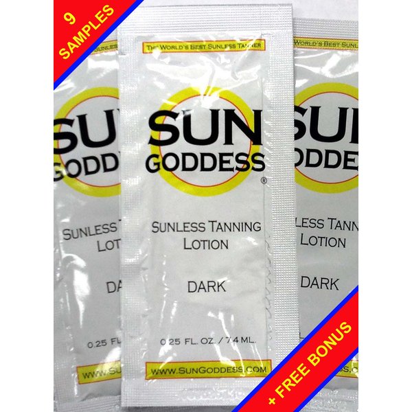 Sun Goddess - NINE (9) Sunless Self Tanning Lotion Samples + 1 Sunless Self Tanning Applicator Mitt + 1 Pair Sunless Self Tanning Application Gloves - Sun Goddess - Best Sunless Self Tanner Lotion